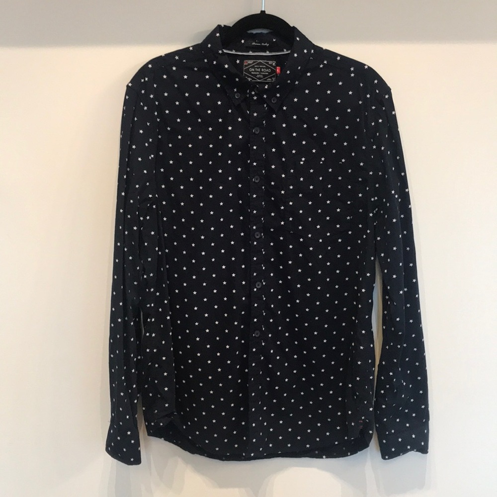 Navy Star-Printed Long-Sleeved Button Down